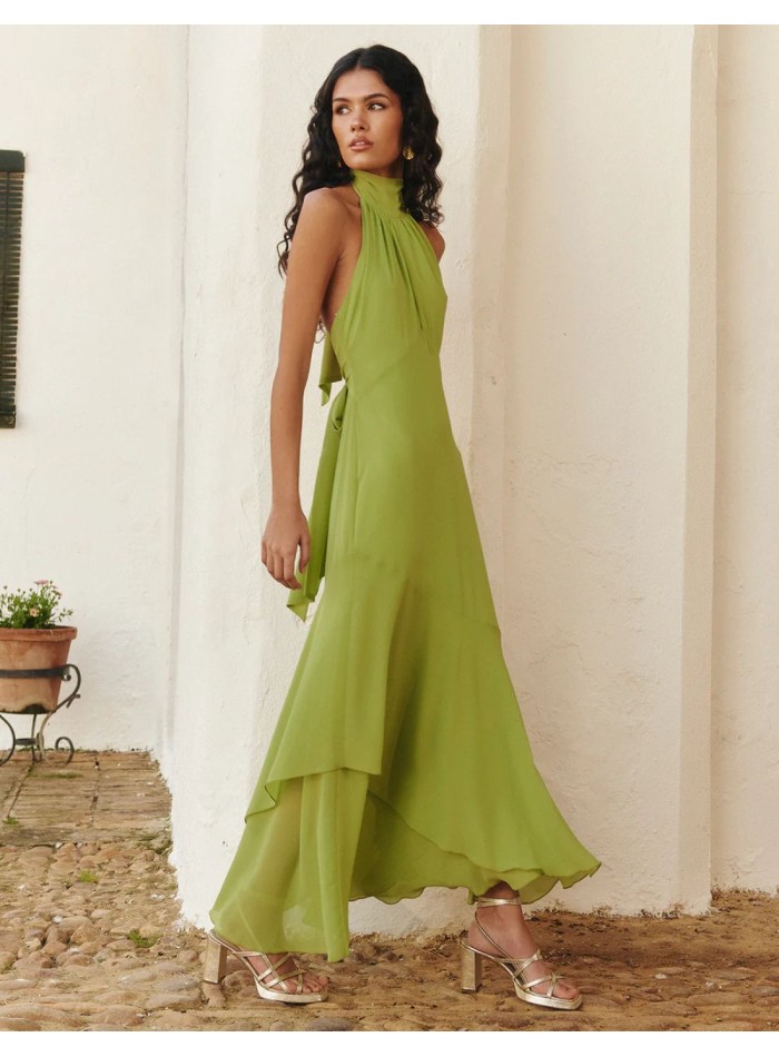 Green midi dress with ruffled halter neckline...