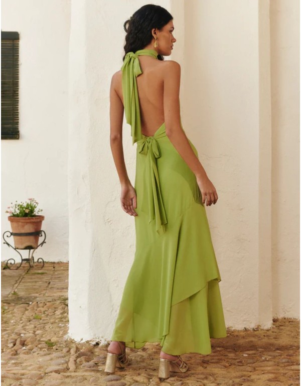 Robe midi verte avec encolure licou volantée et dos ouvert 2