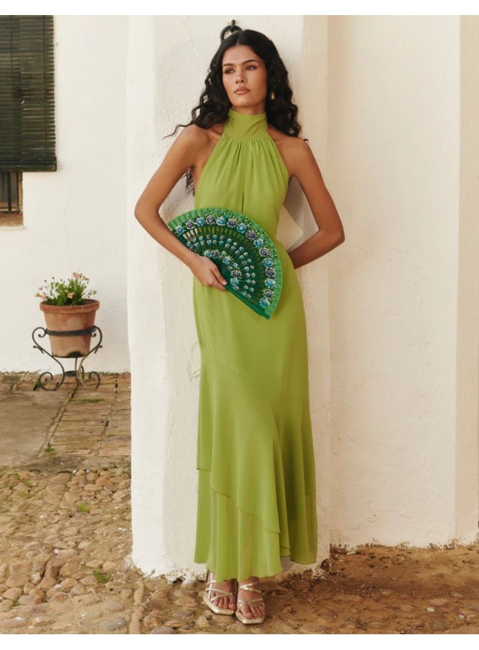 Green midi dress with ruffled halter neckline...