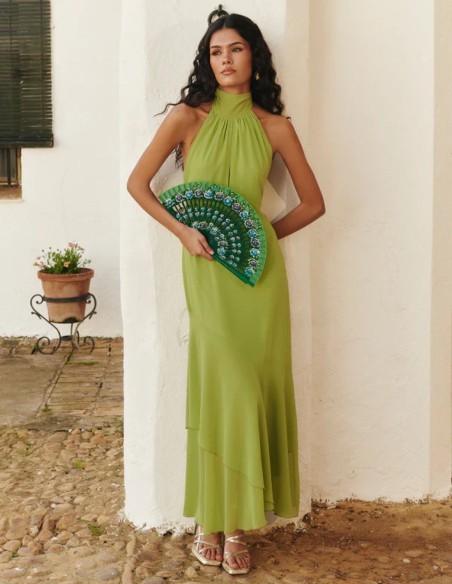 Green midi dress with ruffled halter neckline and open back