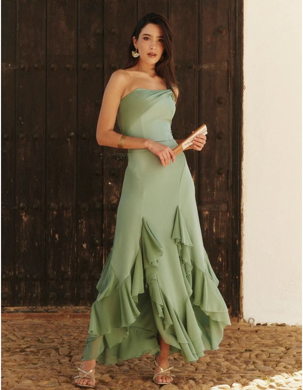 Falda midi de corte asimétrico con volantes de gasa en color verde empolvado 2