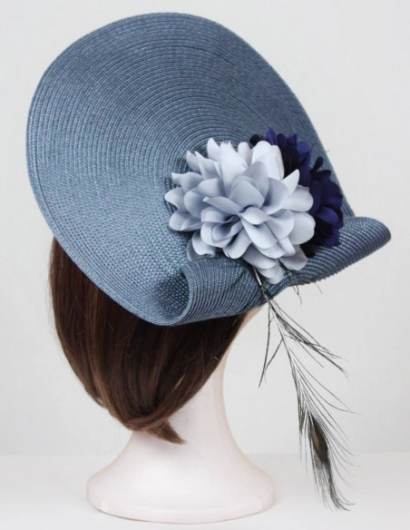 Blue headdress with dahlia and ostrich feather for wedding guests