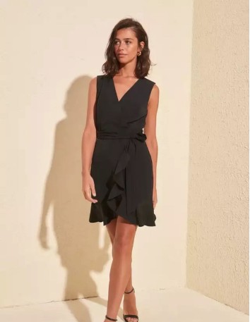 V-neckline cocktail dress with ruffle detail for special events.