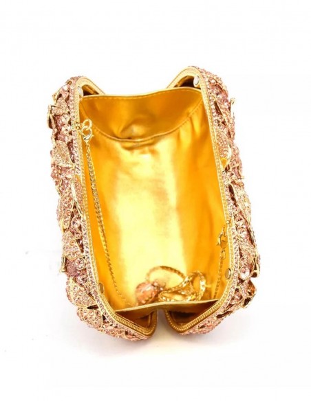 Bolso de fiesta rectangular de metal con decoración en forma de flores y cristales de Swarovski.