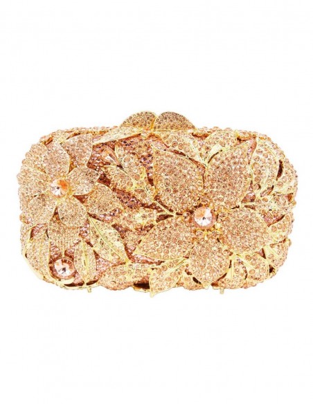 Clutch bag with decoration in the form of flowers and Swarovski crystals.