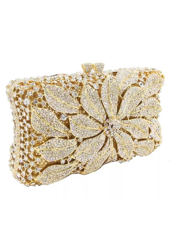 Bolso de mano joya con flor central de metal y cristal - rectangular 2