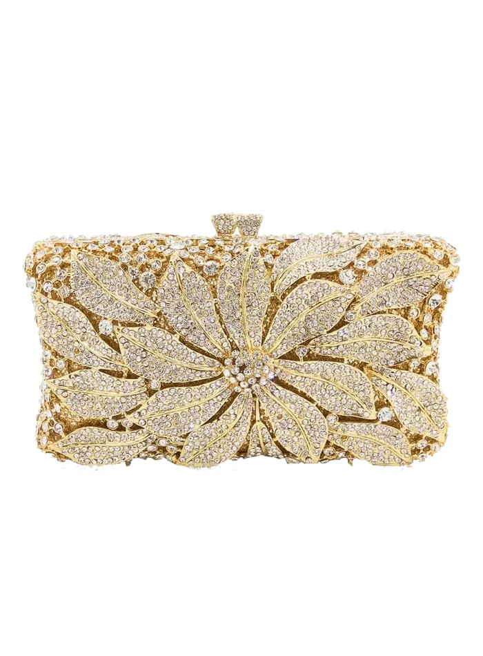 Bolso de mano joya con flor central de metal y cristal - rectangular