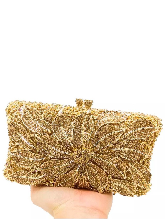 Bolso de mano joya con flor central de metal y cristal - rectangular Lauren Lynn London Accessories - 6