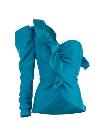 Top asimétrico con volante azul petroleo