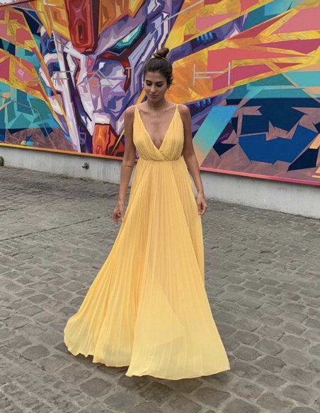 Yellow pleated long dress with V neckline by MAUI
