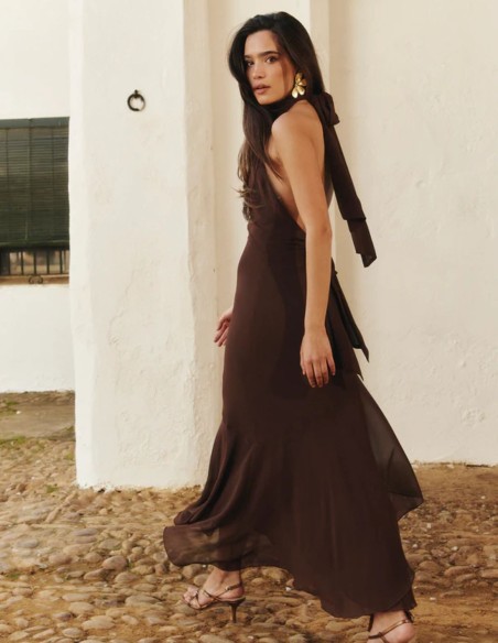 Brown midi dress with ruffled halter neck and open back