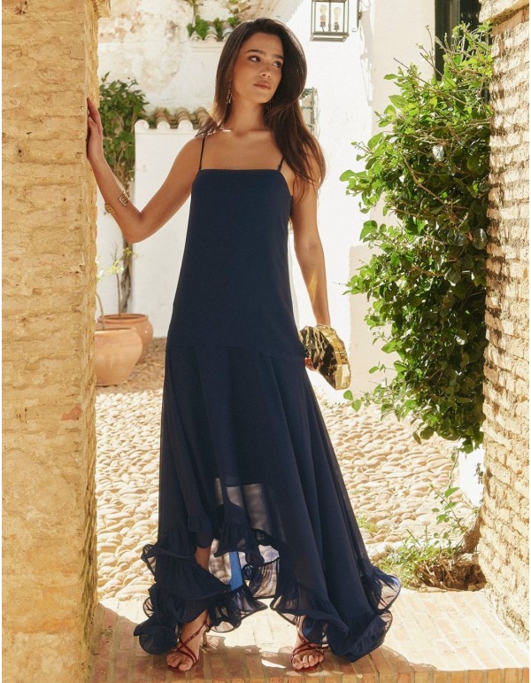 Robe midi bleu marine à encolure carrée et jupe évasée à...