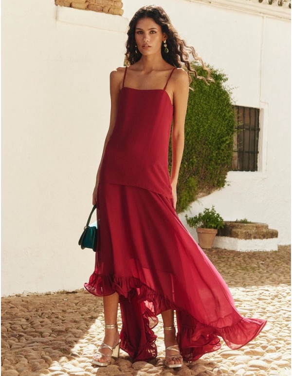 Burgundy midi dress in flowing fabric with floaty skirt 2