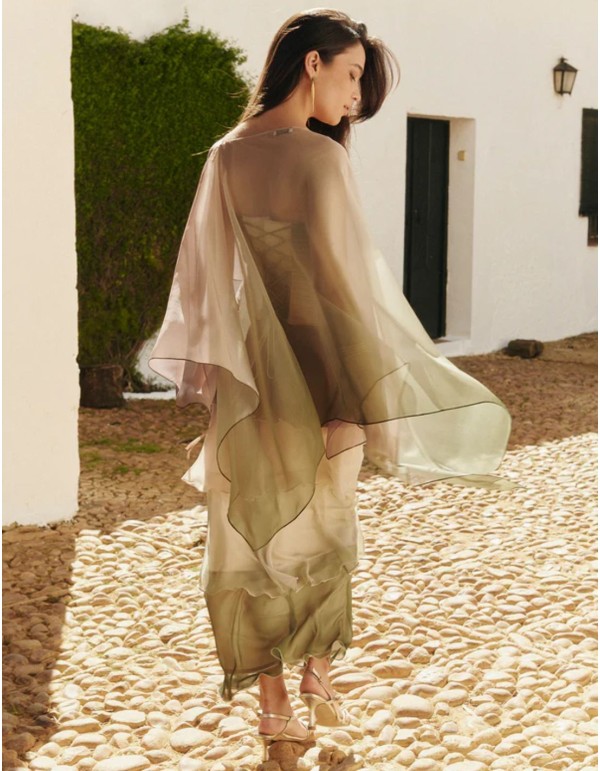 Vaporous green chiffon cape with gradient print