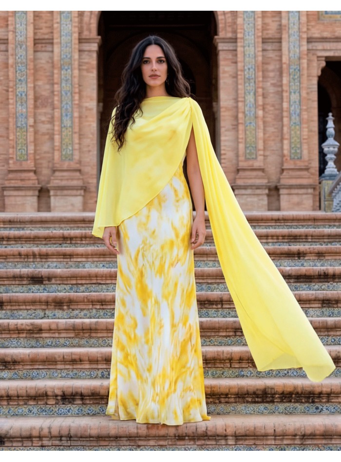 Yellow chiffon wedding guest cross over cape