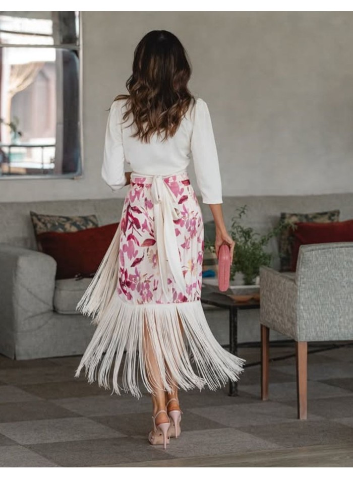 Printed blouse and skirt set with draped front...