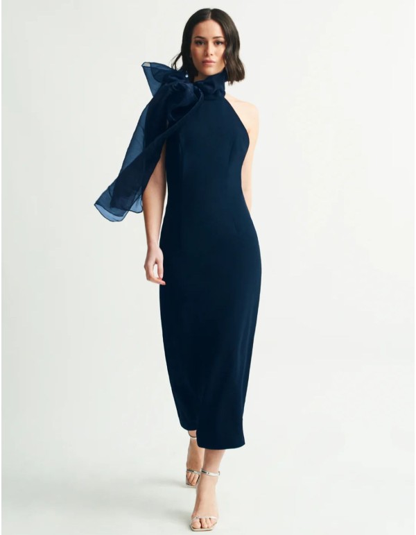 Navy blue midi dress with halter neckline and organza...