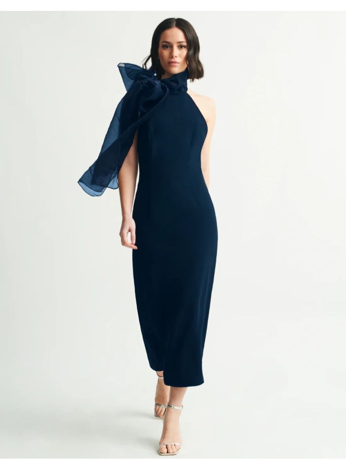 Navy blue midi dress with halter neckline and...