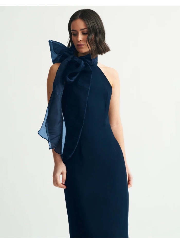 Navy blue midi dress with halter neckline and...
