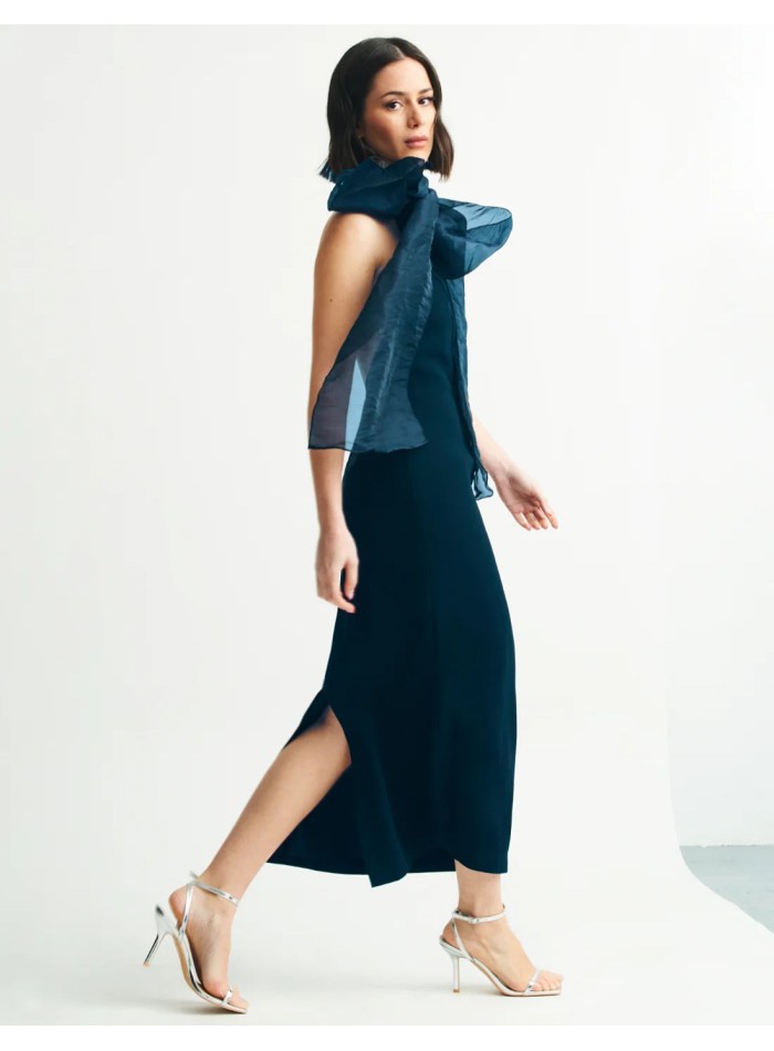 Navy blue midi dress with halter neckline and...