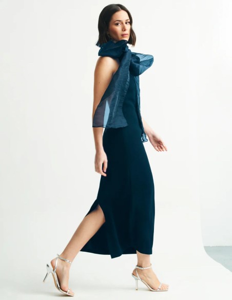 Navy blue midi dress with halter neckline and organza neck scarf