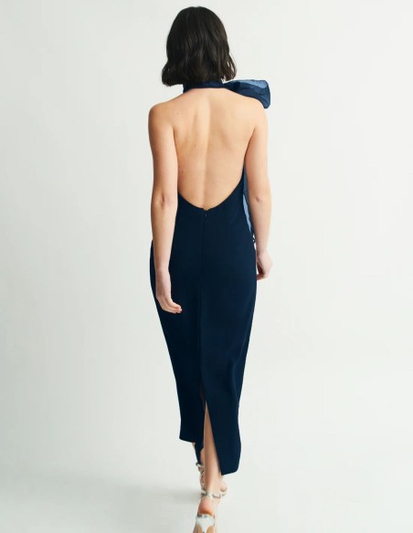 Navy blue midi dress with halter neckline and organza neck scarf