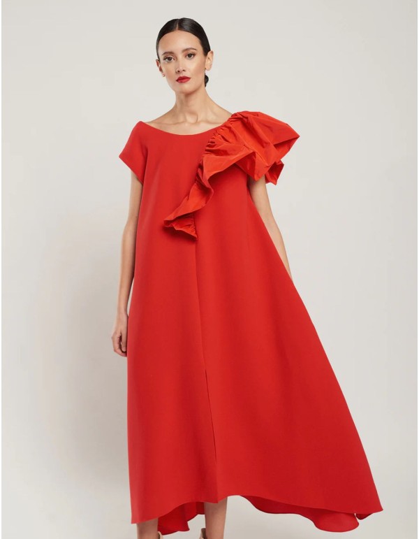 Red midi dress in crepe with round neckline and ruffle