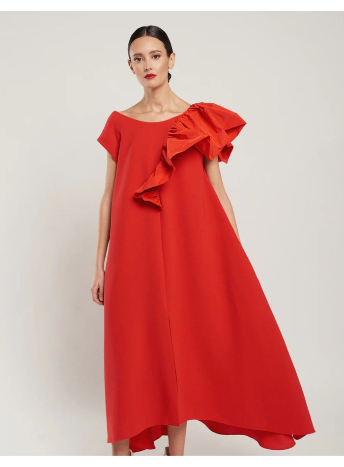Red midi dress in crepe with round neckline and...