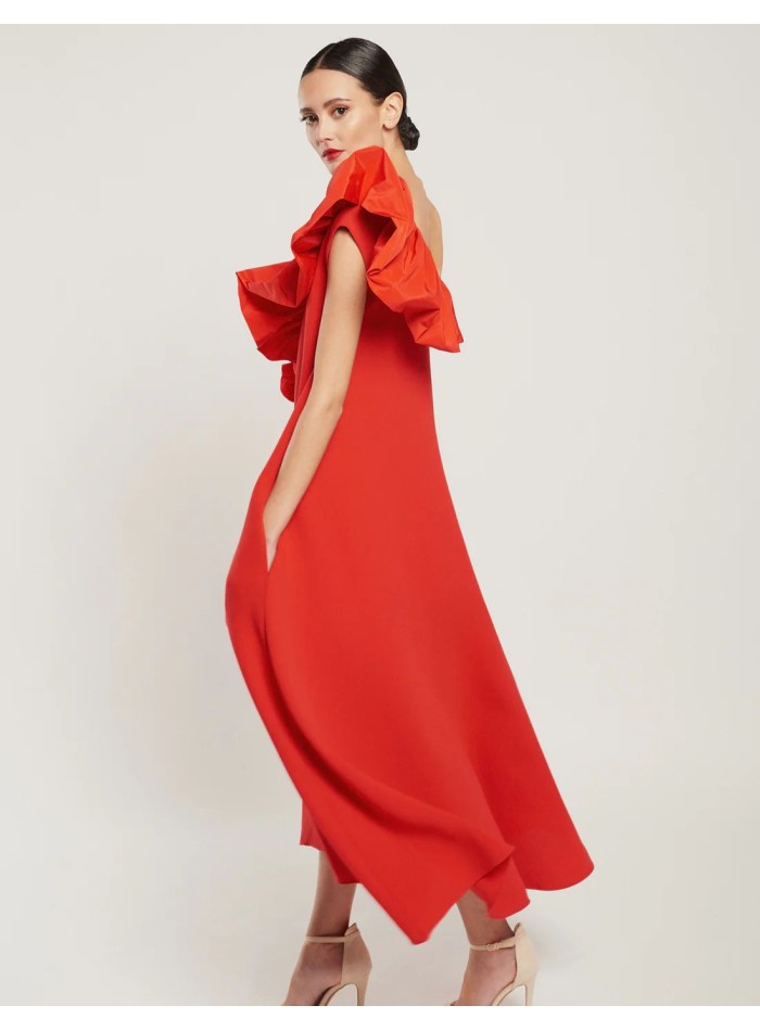Robe midi en crêpe rouge avec encolure ronde et...