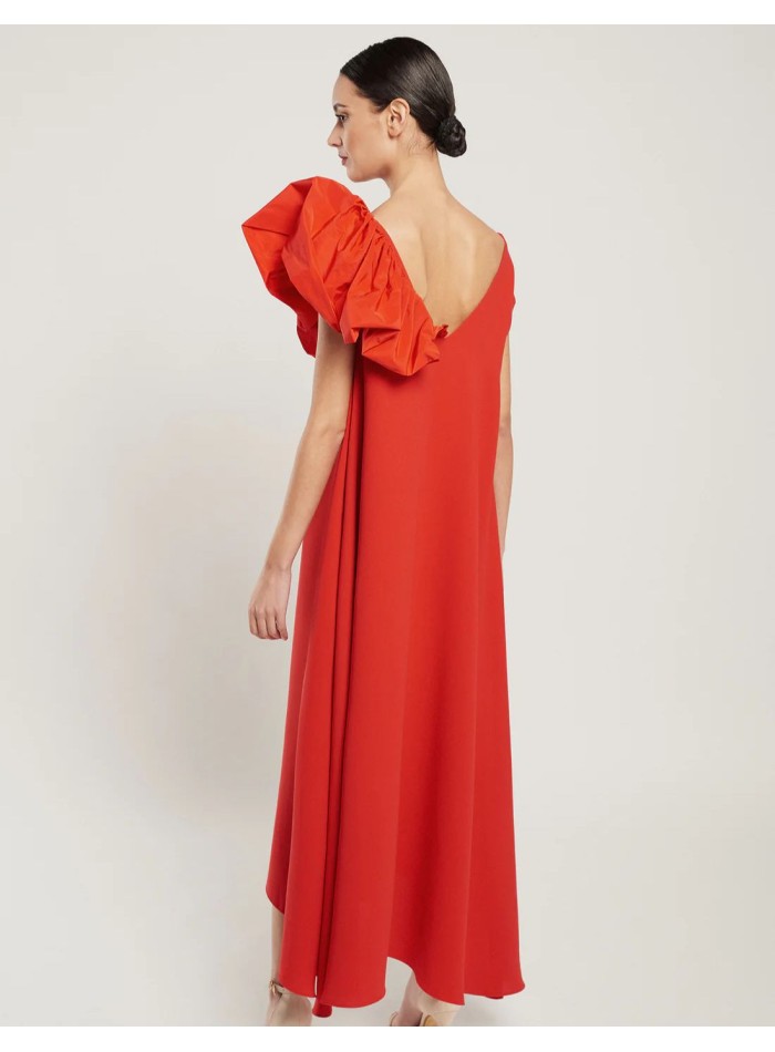 Red midi dress in crepe with round neckline and...