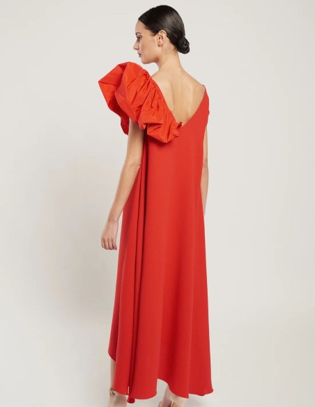 Red midi dress in crepe with round neckline and ruffle