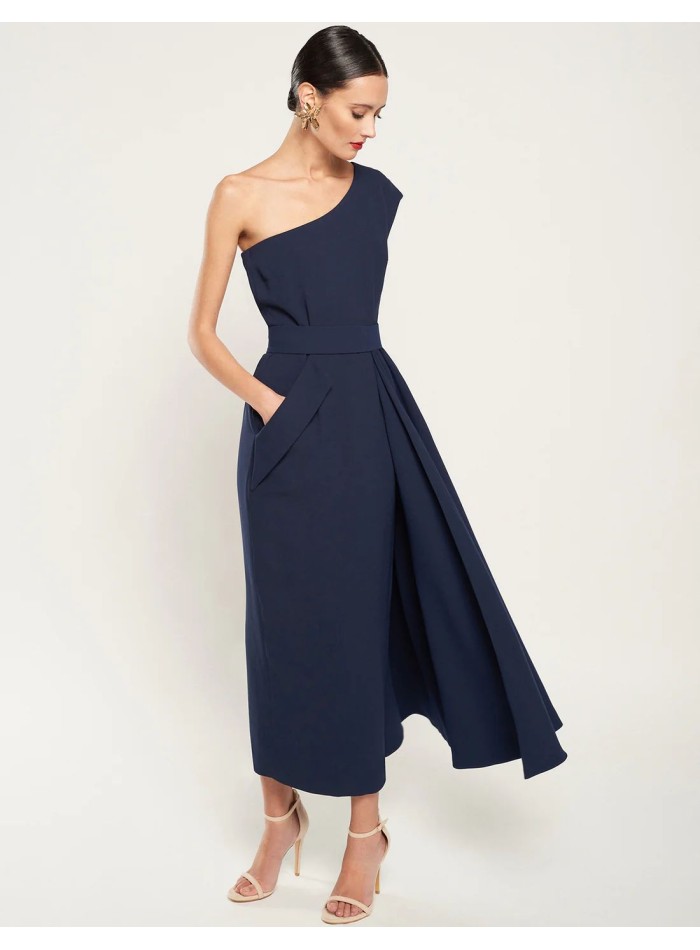 Robe midi en crêpe bleu marine à encolure...