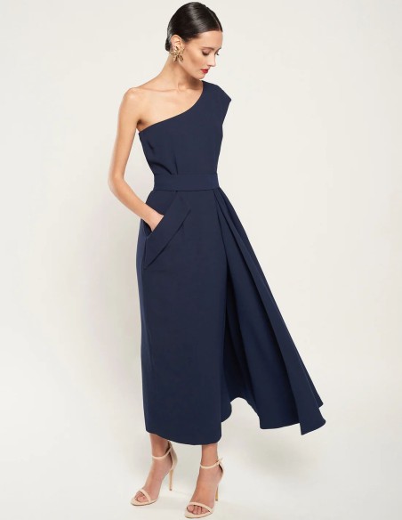 Navy blue crepe midi dress with asymmetrical neckline