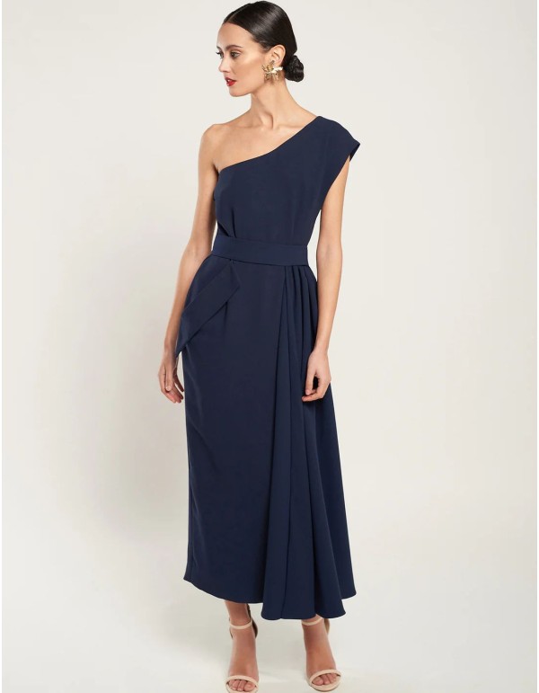 Navy blue crepe midi dress with asymmetrical neckline