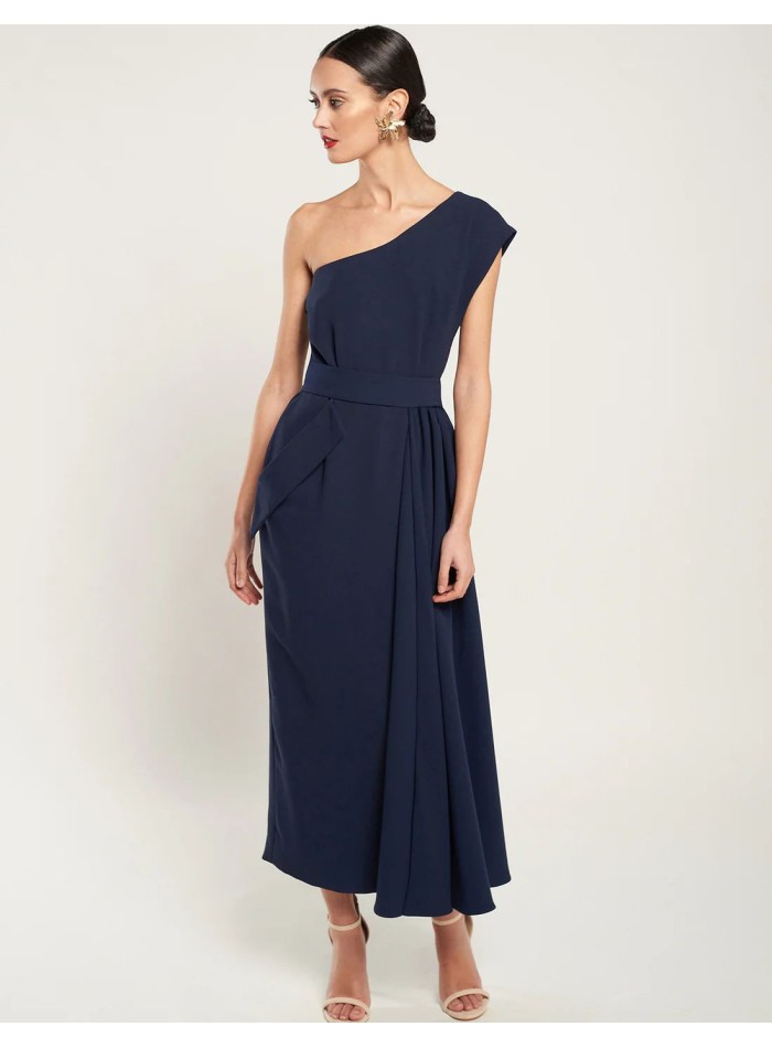 Navy blue crepe midi dress with asymmetrical...