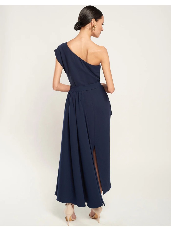 Navy blue crepe midi dress with asymmetrical...