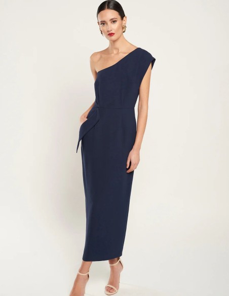 Robe midi en crêpe bleu marine à encolure asymétrique