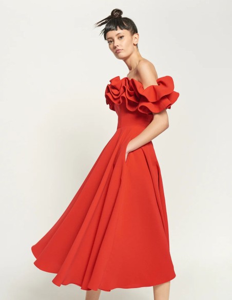Red midi dress with bardot neckline and flared skirt