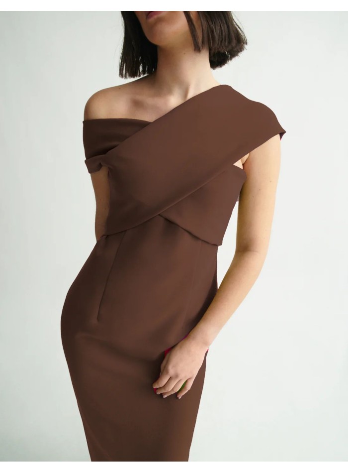 Brown midi dress with crossover neckline and...