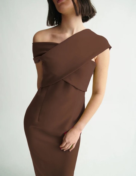 Brown midi dress with crossover neckline and pencil silhouette