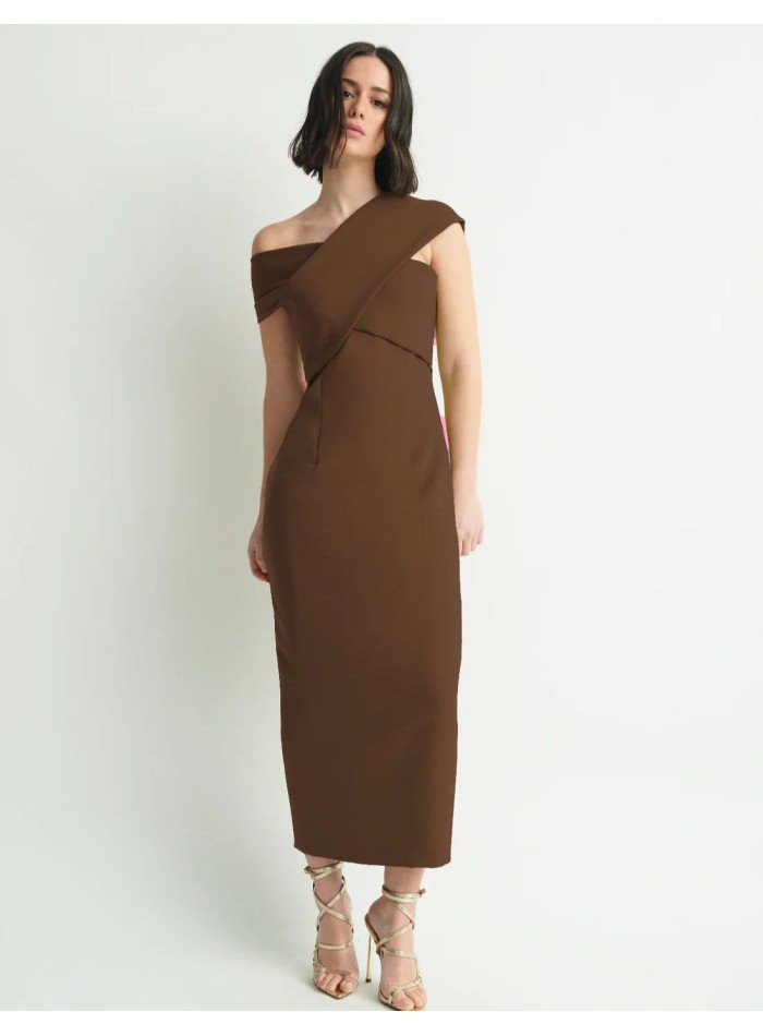Robe midi marron à encolure croisée et...