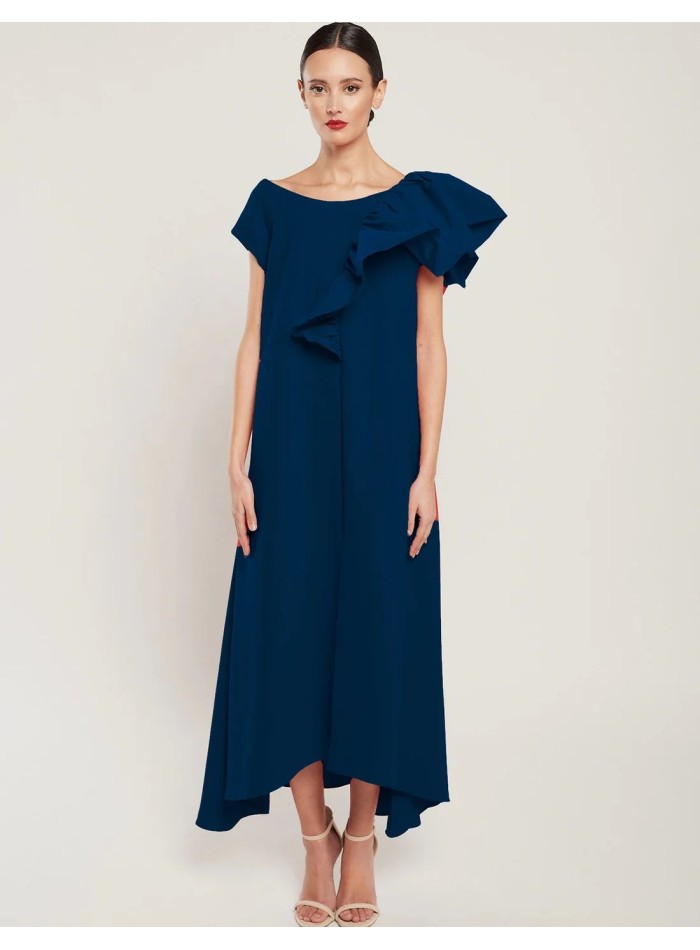 Navy blue crepe midi dress with ruffle on the...