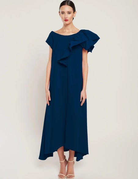 Robe midi en crêpe bleu marine avec volant sur la manche