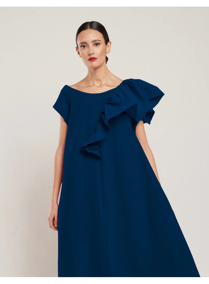 Navy blue crepe midi dress with ruffle on the...