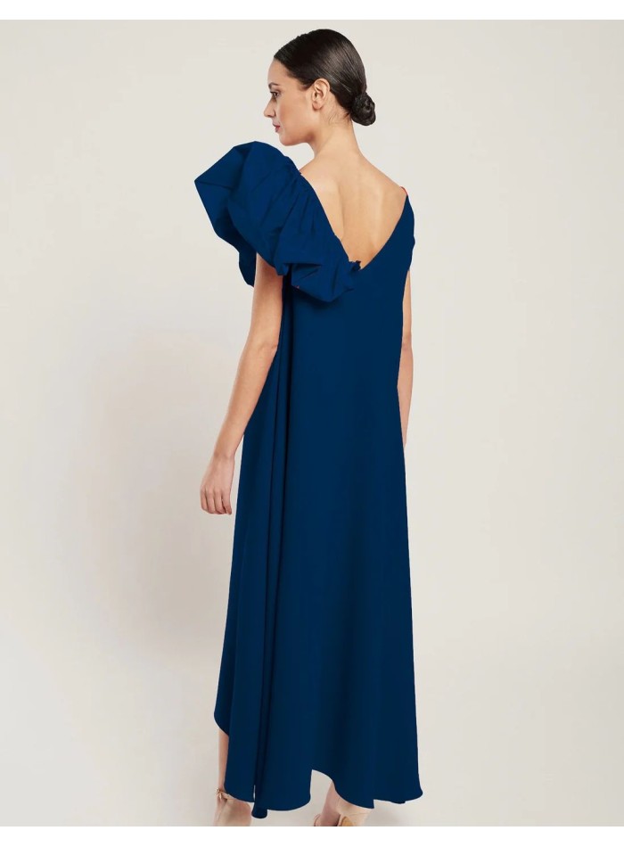 Navy blue crepe midi dress with ruffle on the...