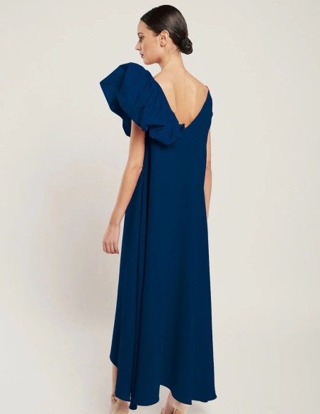 Vestido midi en crepé azul marino con volante en la manga
