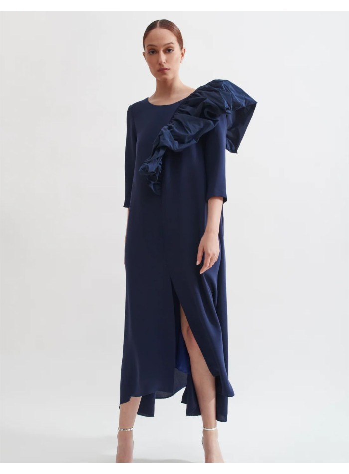 Navy crepe midi dress with French sleeves and...