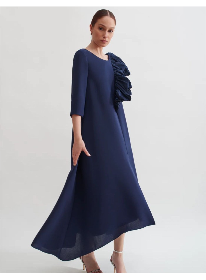 Navy crepe midi dress with French sleeves and...