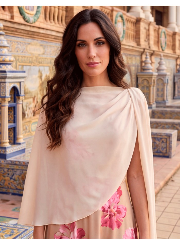 Beige chiffon cross over cape for wedding guests