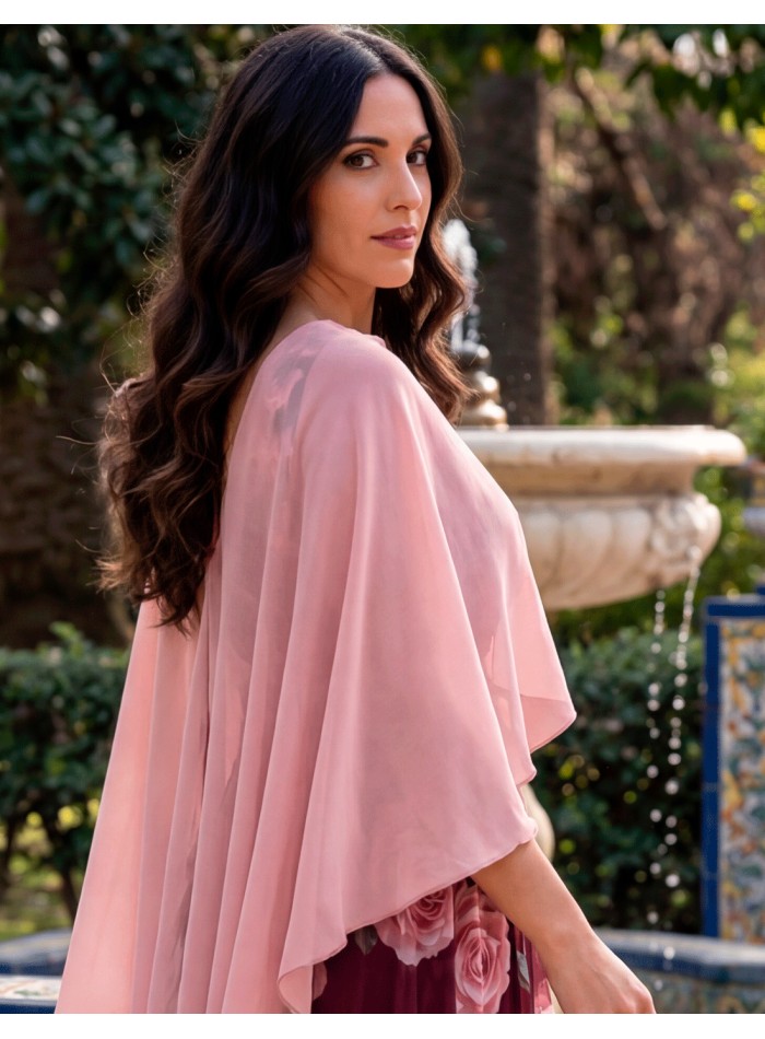 Pastel pink chiffon cross over cape for wedding guest